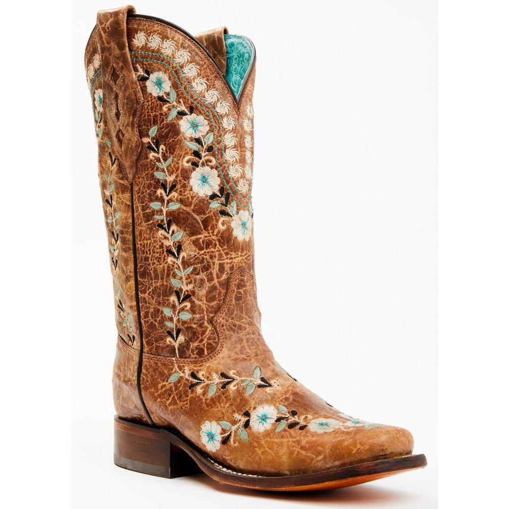 NEW Corral Glow Floral Embroidered Cognac Square Toe Western Boot Festival Rodeo